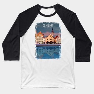 Ghent Blegium Vintage Minimal Retro Travel Poster at Night Baseball T-Shirt